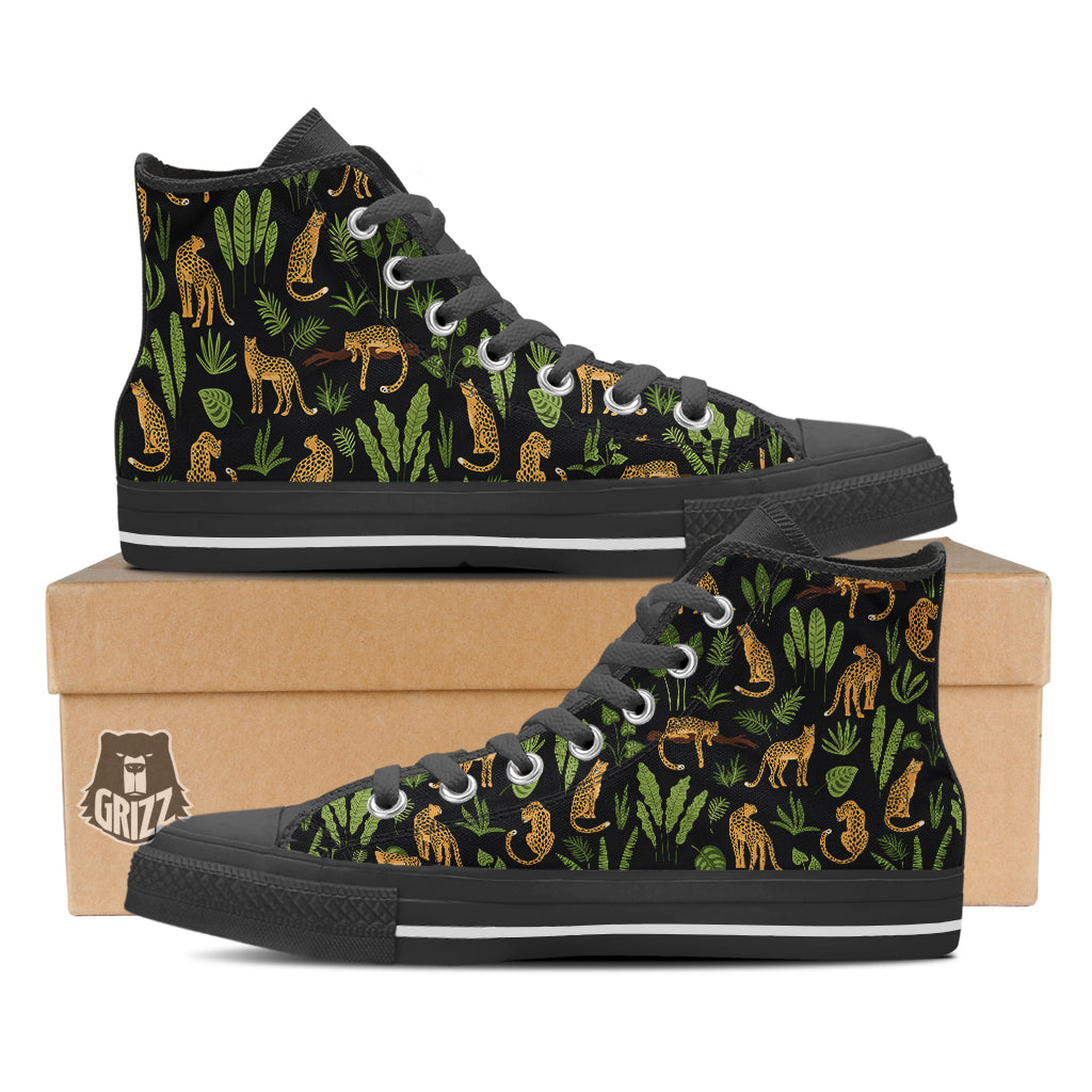 Jaguar Tropical Print Pattern Black High Top Shoes-grizzshop