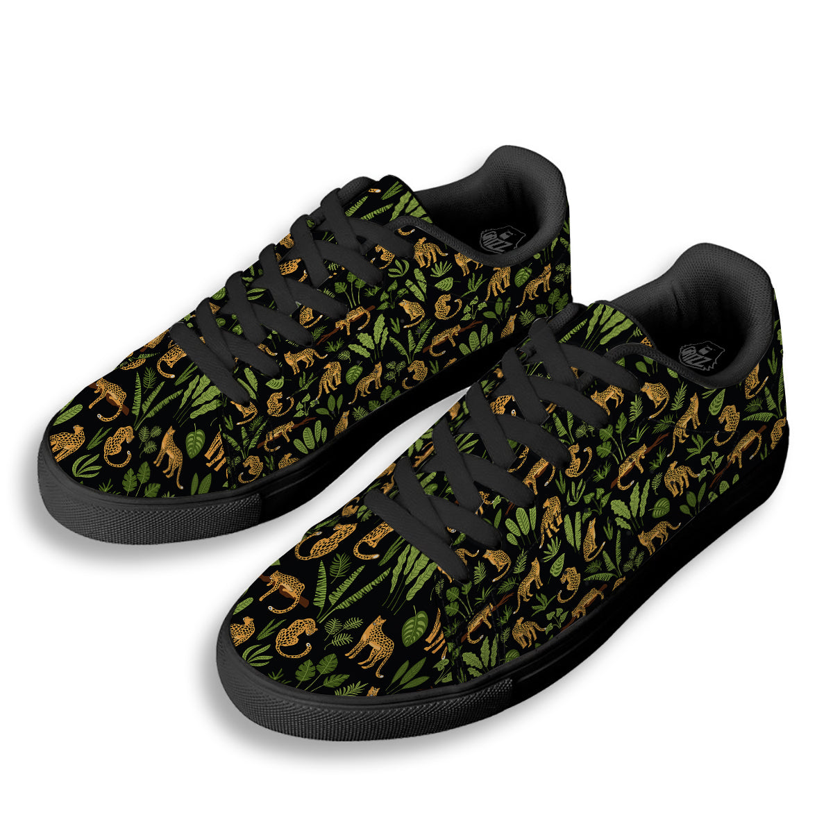 Jaguar Tropical Print Pattern Black Low Top Sneakers-grizzshop