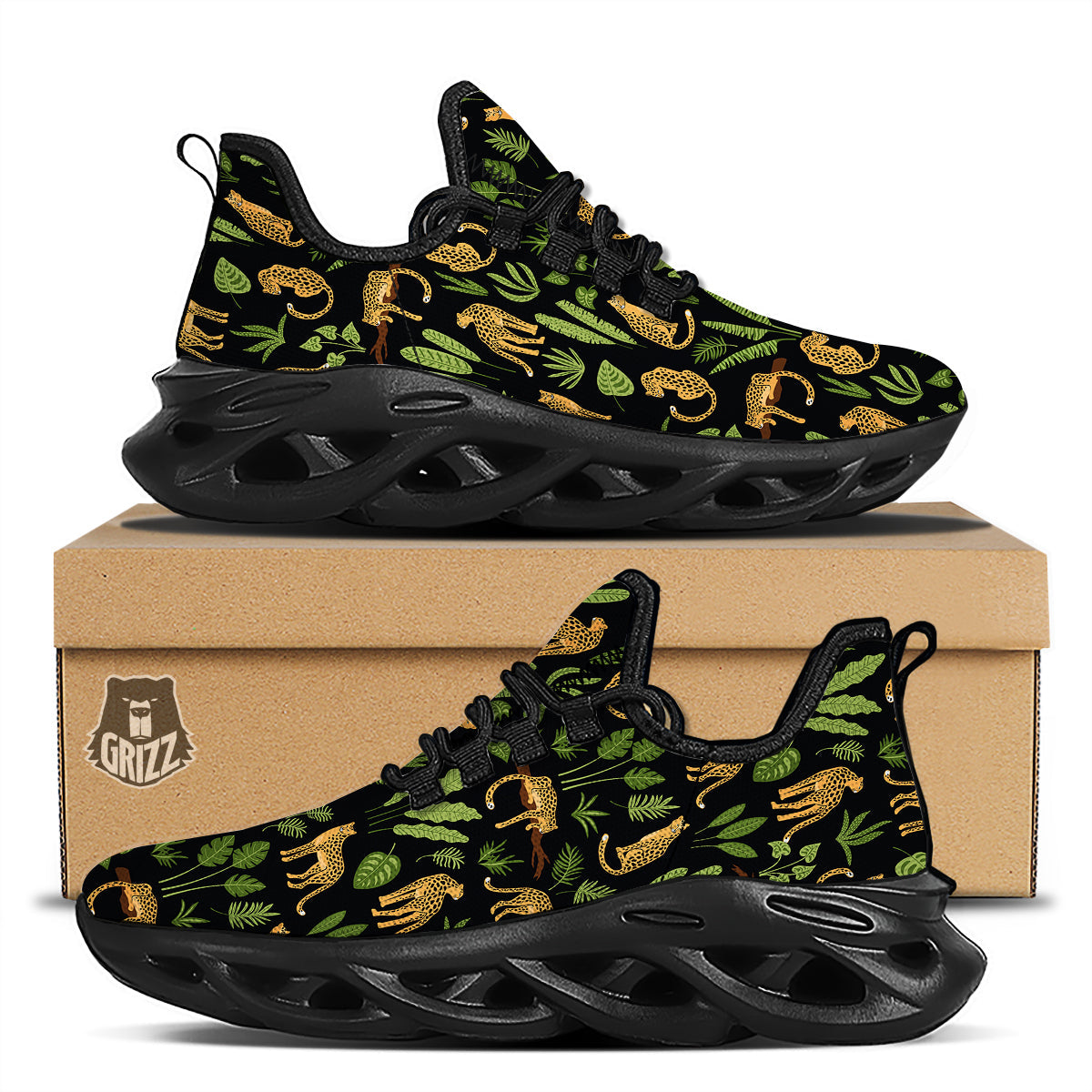 Jaguar Tropical Print Pattern Black Running Shoes-grizzshop