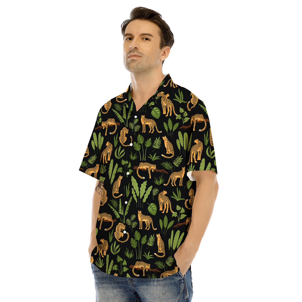 Jaguar Tropical Print Pattern Men's Hawaiian Shirt-grizzshop