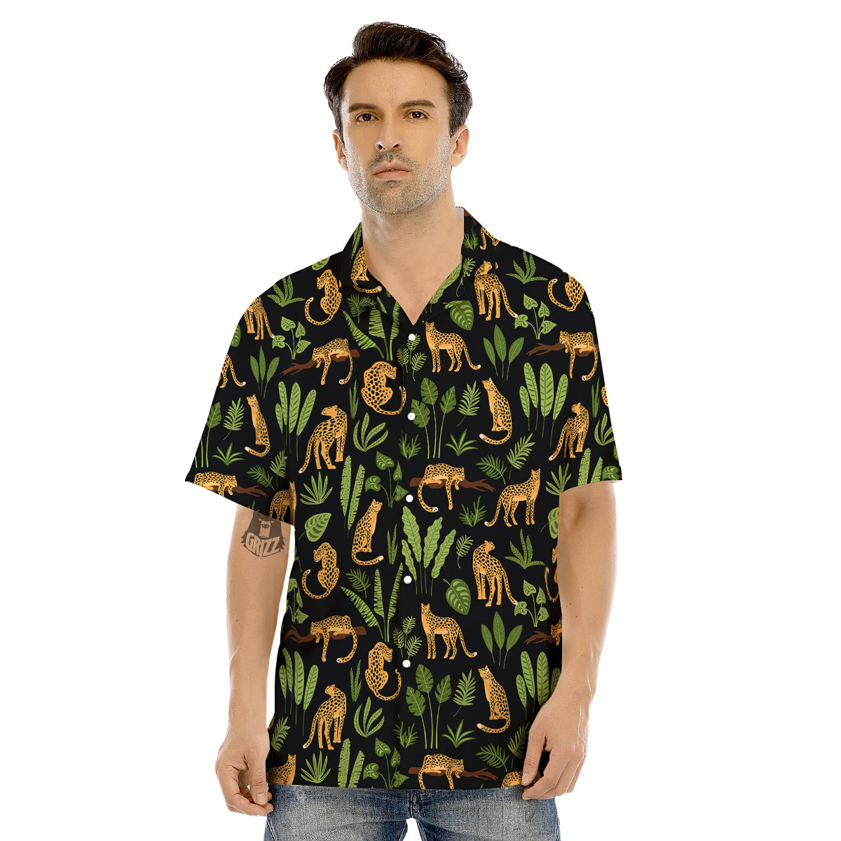 Jaguar Tropical Print Pattern Men's Hawaiian Shirt-grizzshop