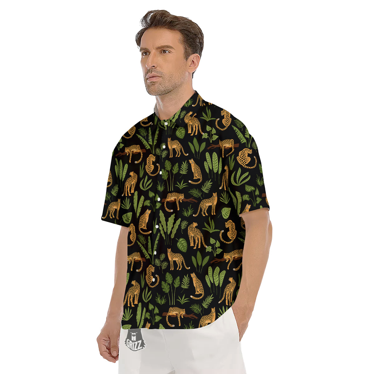 Jaguar Tropical Print Pattern Men's Short Sleeve Shirts-grizzshop