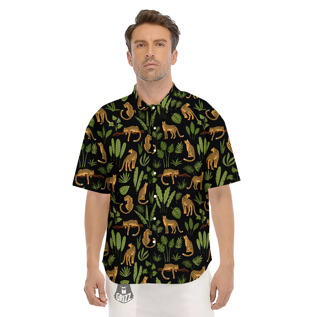 Jaguar Tropical Print Pattern Men's Short Sleeve Shirts-grizzshop