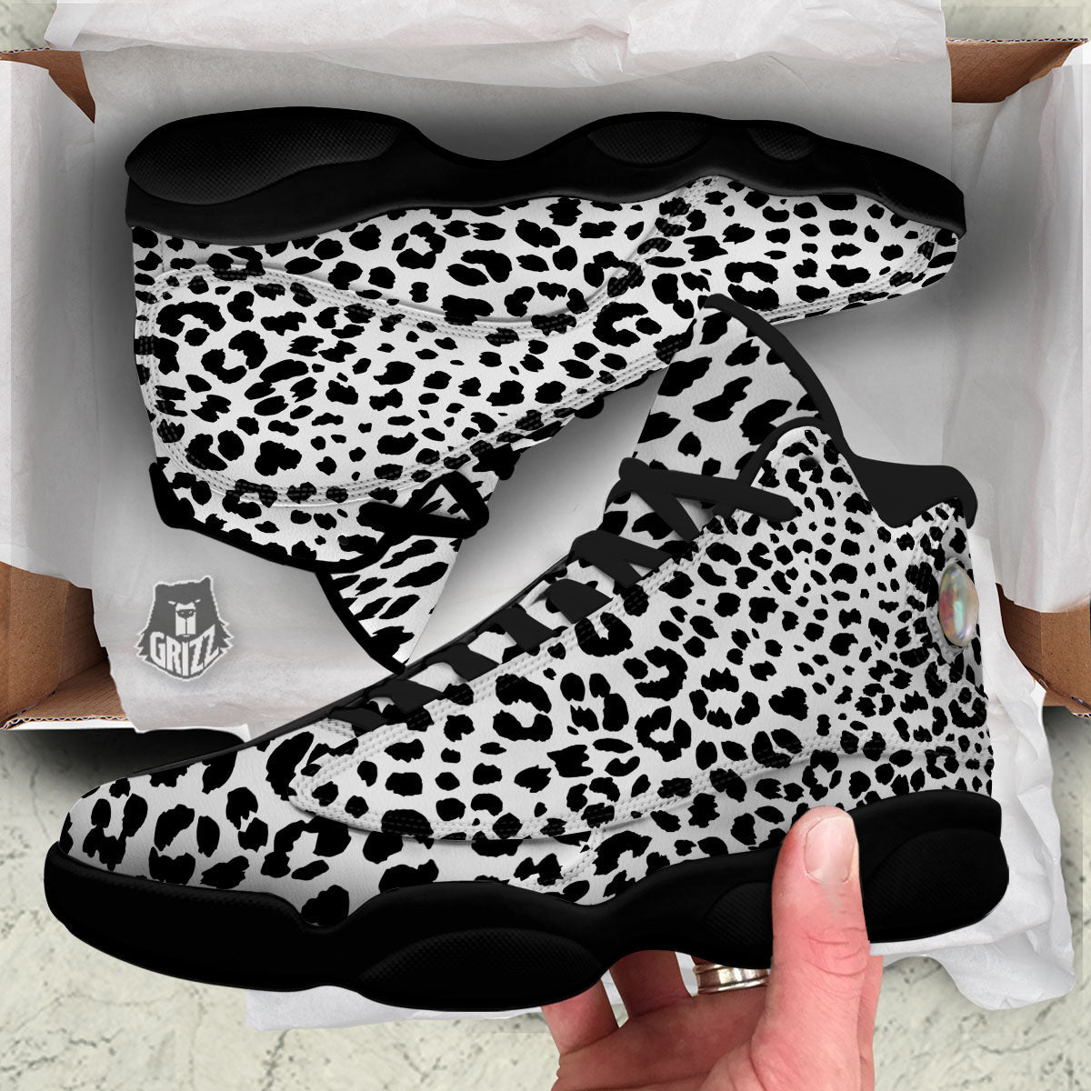 Jaguar White And Black Print Pattern Black Basketball Shoes-grizzshop