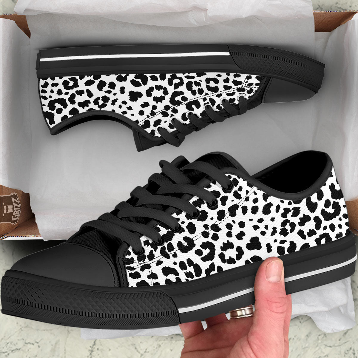 Jaguar White And Black Print Pattern Black Low Top Shoes-grizzshop