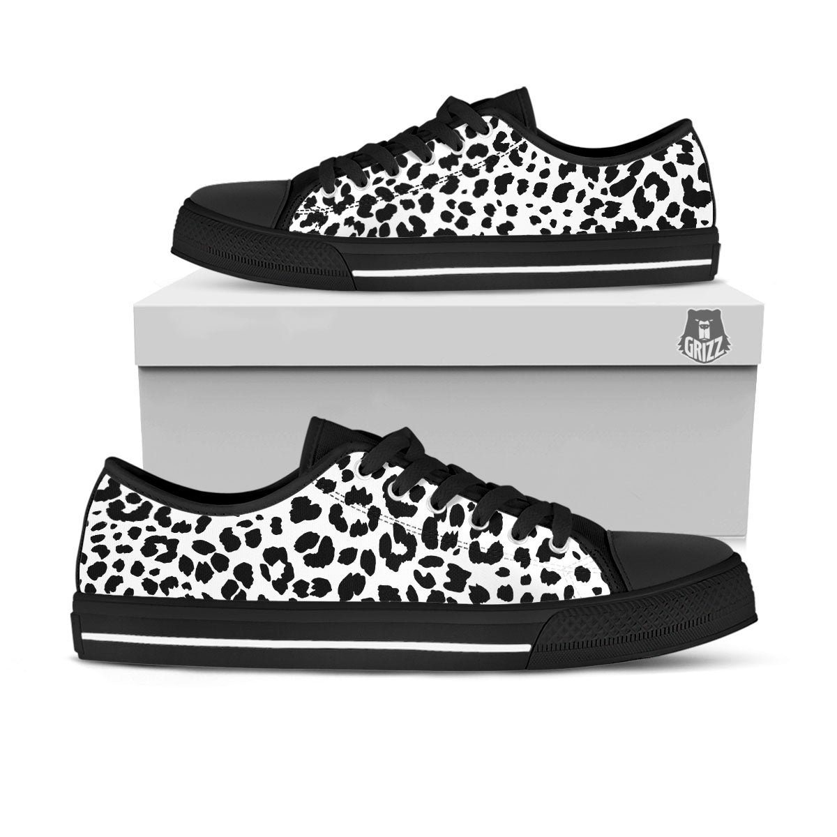 Jaguar White And Black Print Pattern Black Low Top Shoes-grizzshop