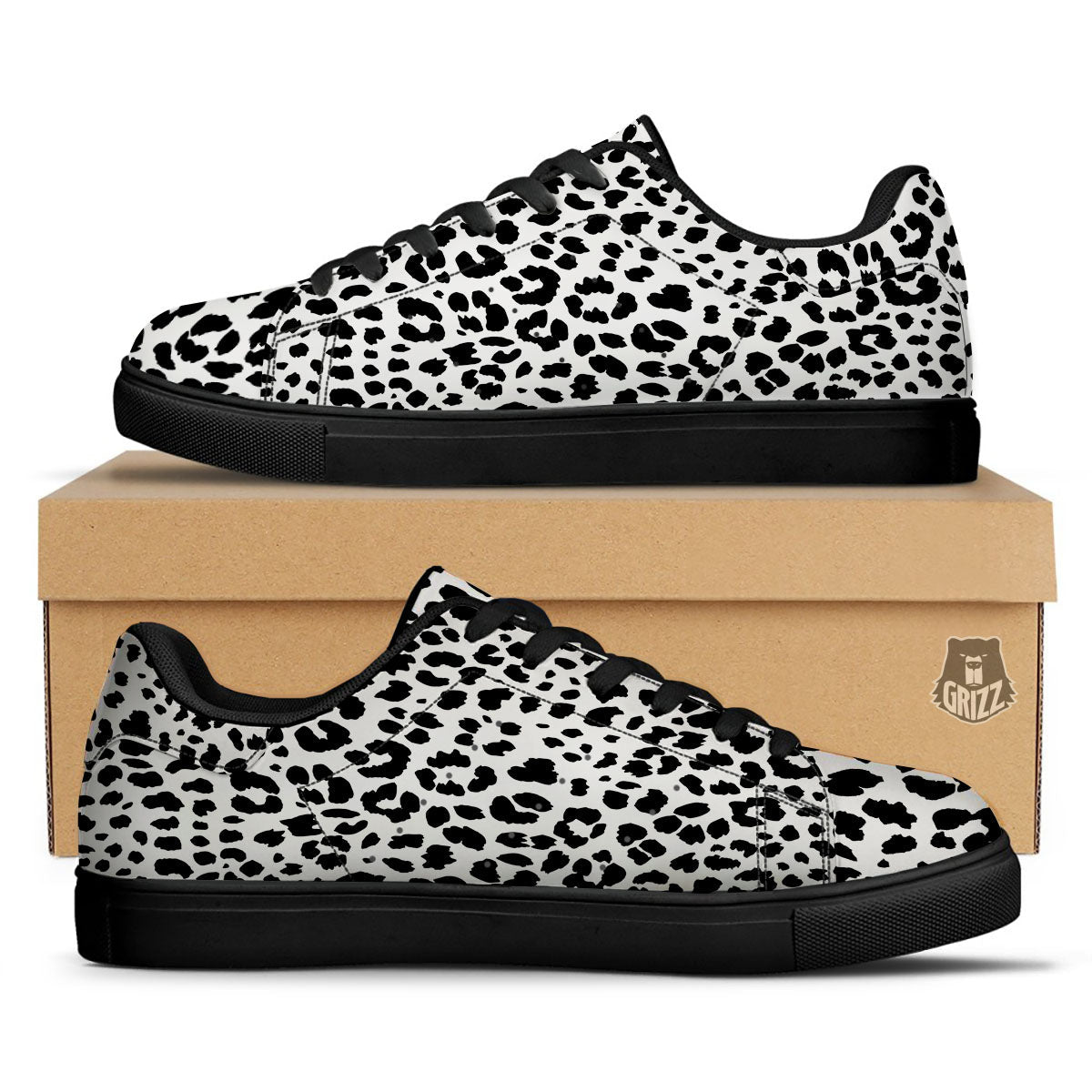 Jaguar White And Black Print Pattern Black Low Top Sneakers-grizzshop