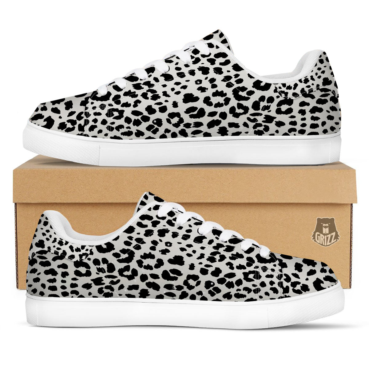 Jaguar White And Black Print Pattern White Low Top Sneakers-grizzshop