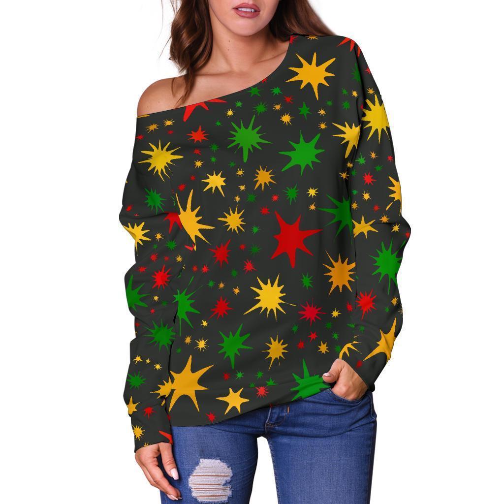 Jamaican Color Pattern Print Women Off Shoulder Sweatshirt-grizzshop