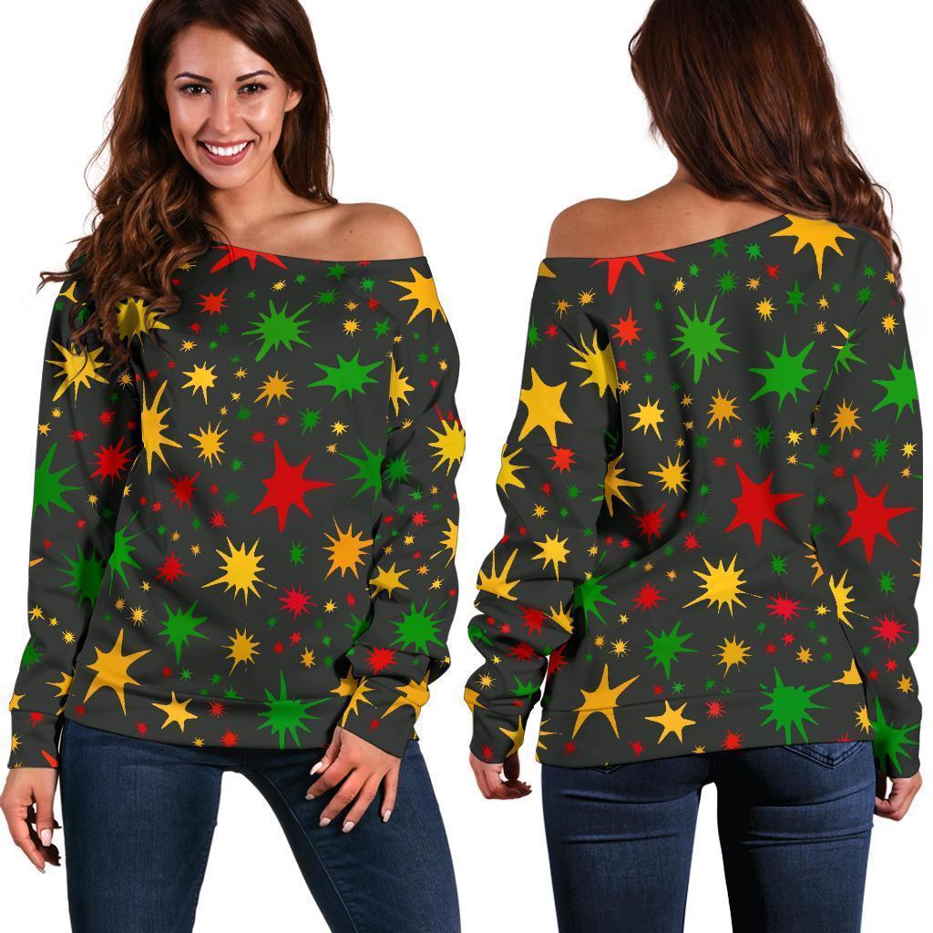 Jamaican Color Pattern Print Women Off Shoulder Sweatshirt-grizzshop
