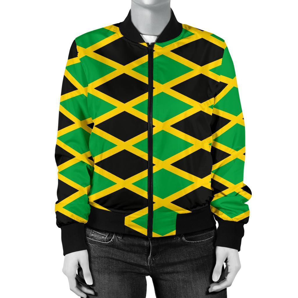 Jamaican Flag Pattern Print Women Casual Bomber Jacket-grizzshop