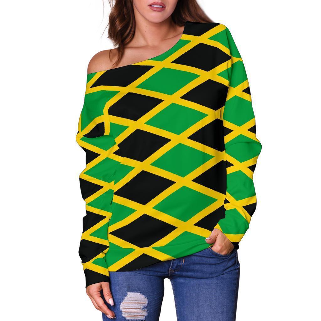 Jamaican Flag Pattern Print Women Off Shoulder Sweatshirt-grizzshop