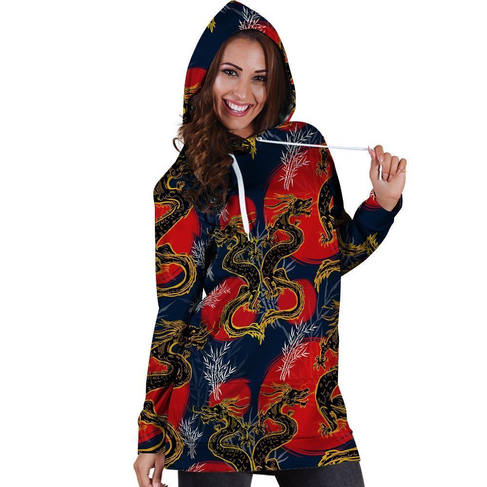 Janpanese Dragon Print Hoodie Dress-grizzshop