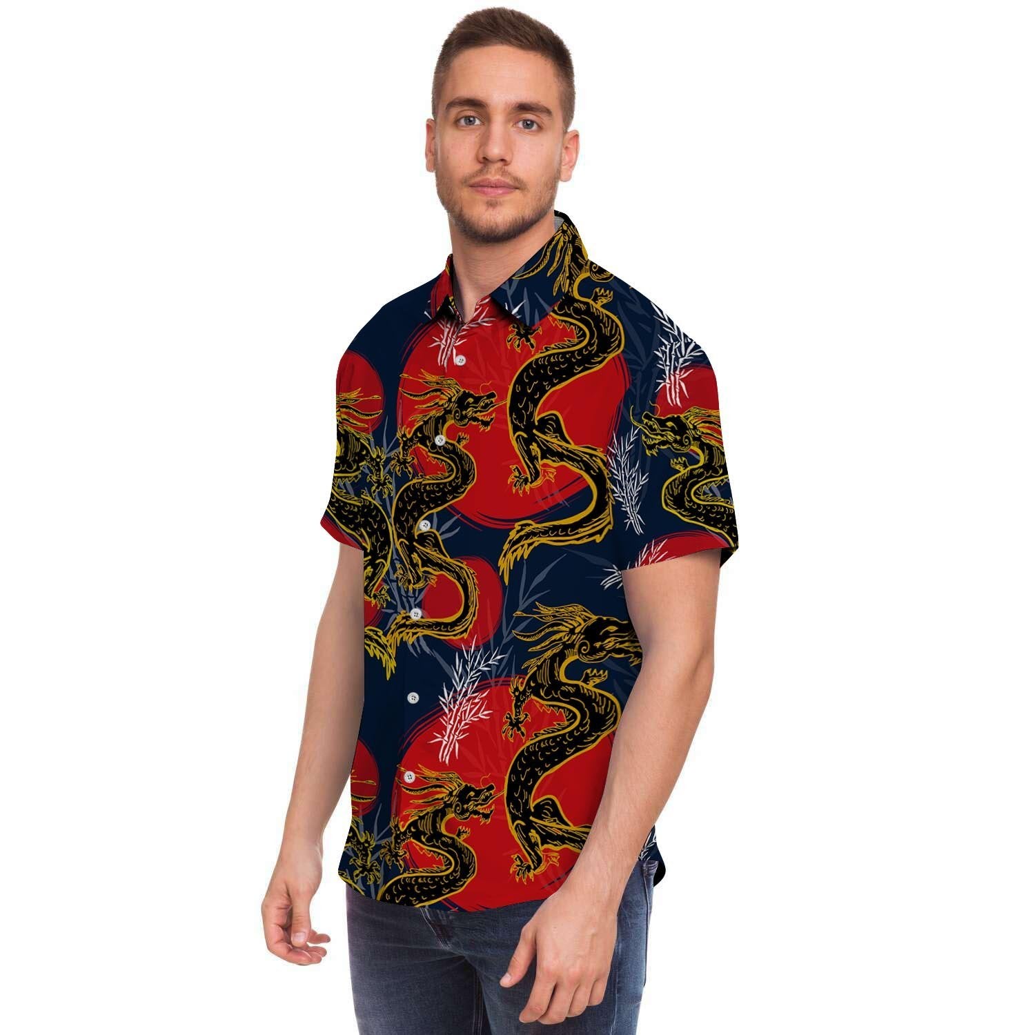 Janpanese Dragon Print Men's Short Sleeve Shirt-grizzshop