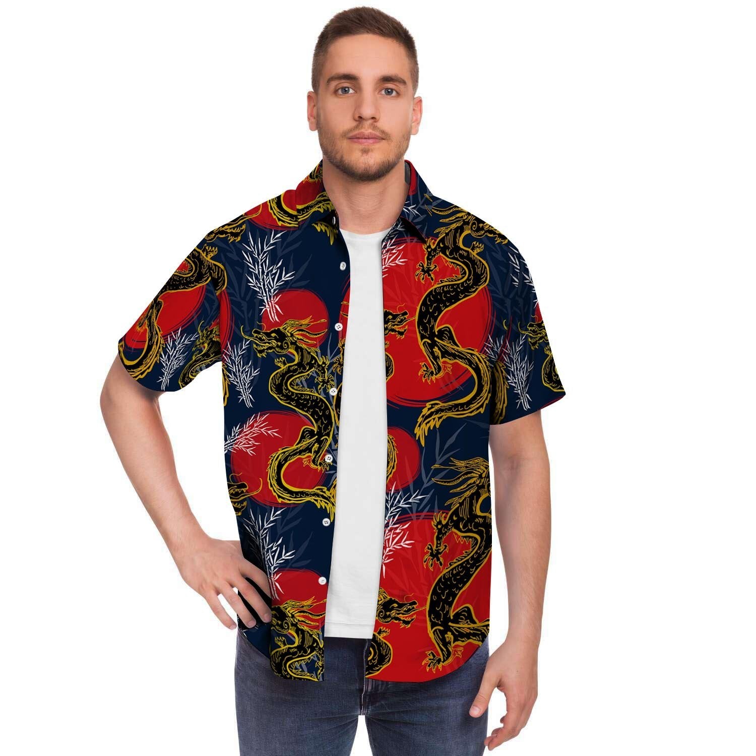 Janpanese Dragon Print Men's Short Sleeve Shirt-grizzshop