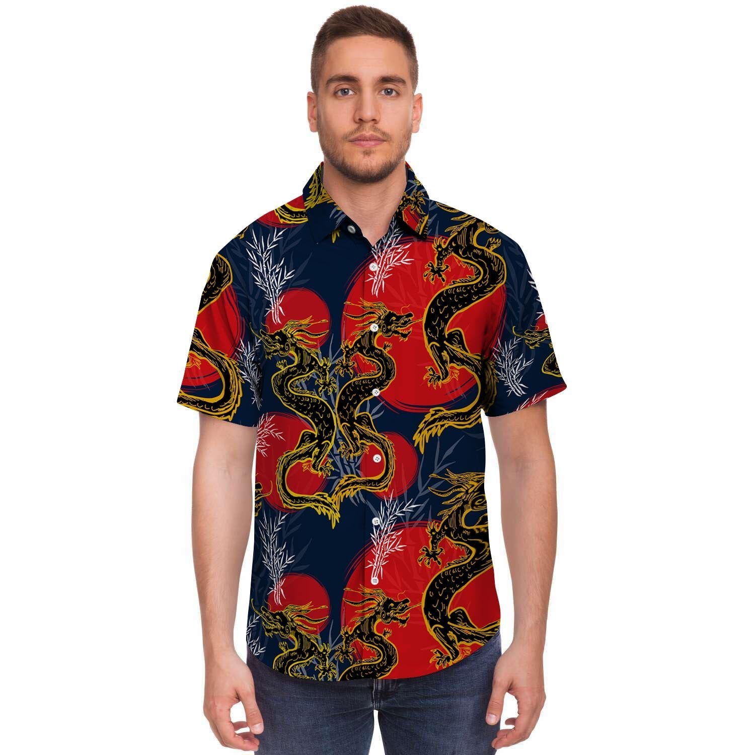 Janpanese Dragon Print Men's Short Sleeve Shirt-grizzshop