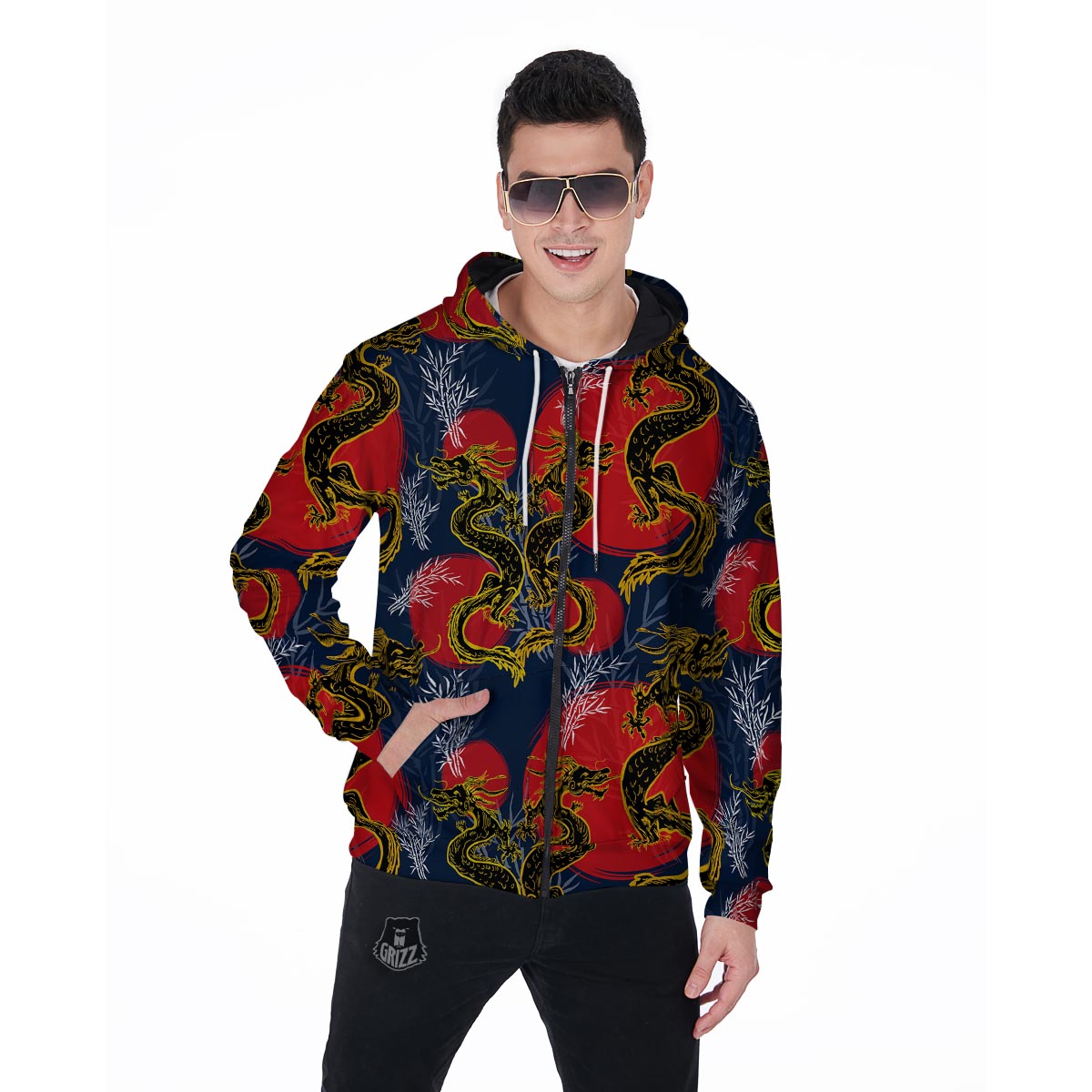 Janpanese Dragon Print Men's Zip Up Hoodie-grizzshop