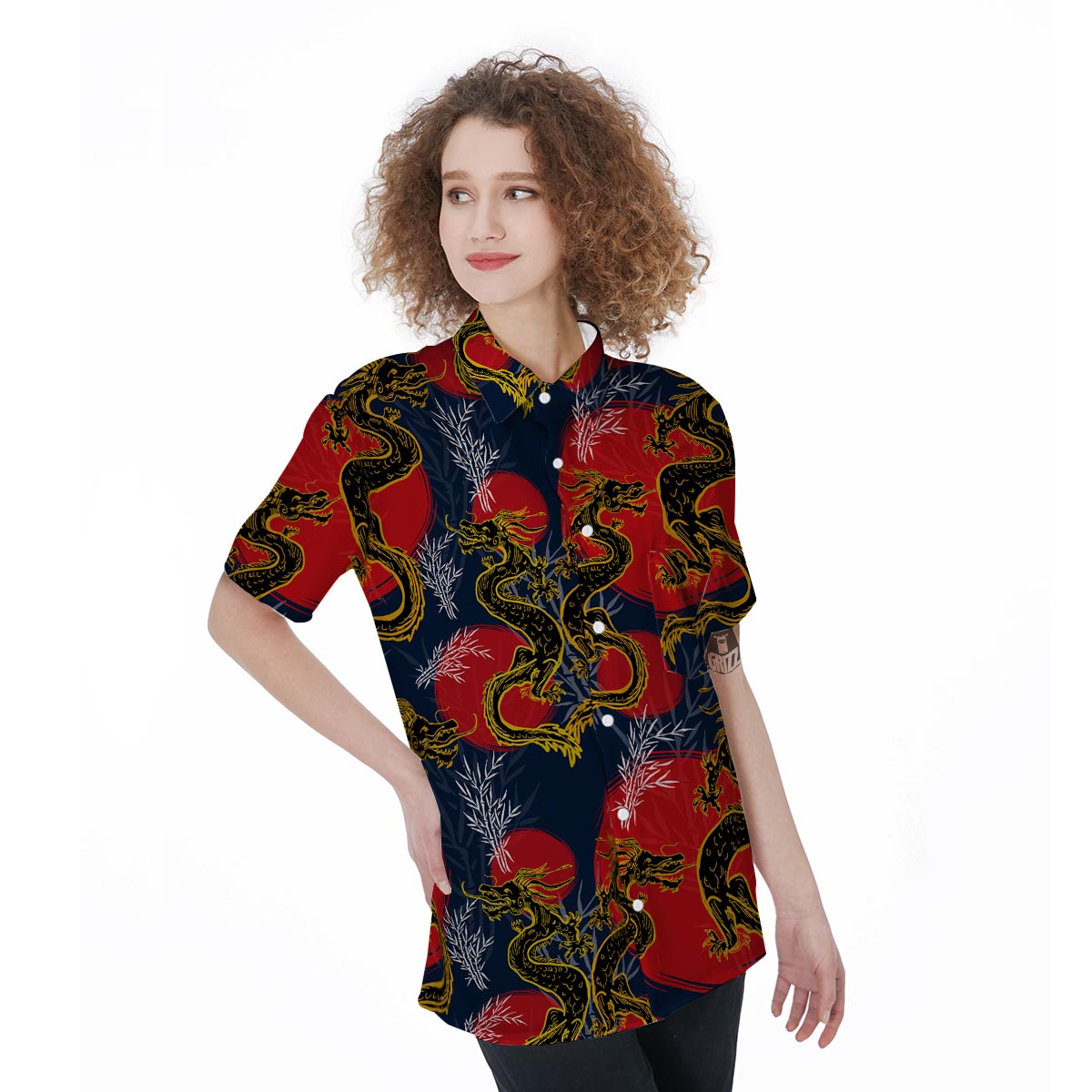 Janpanese Dragon Print Women's Short Sleeve Shirts-grizzshop