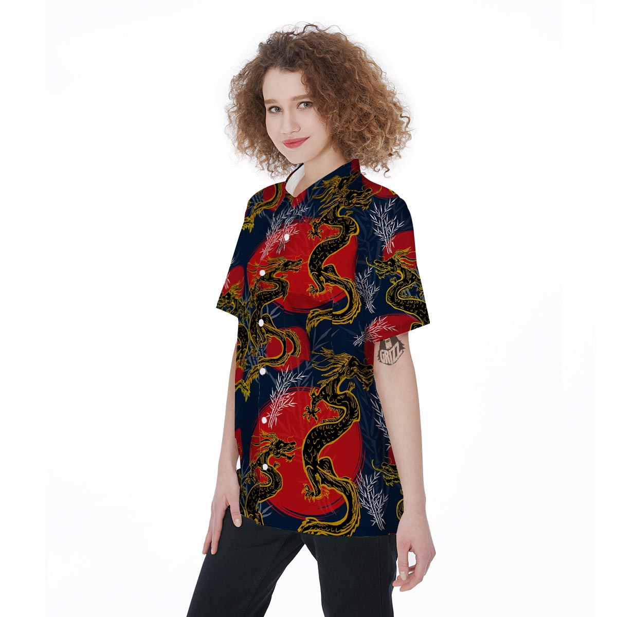 Janpanese Dragon Print Women's Short Sleeve Shirts-grizzshop