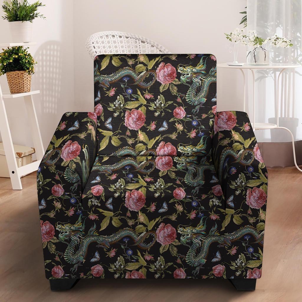 Janpanese Floral Dragon Print Armchair Cover-grizzshop