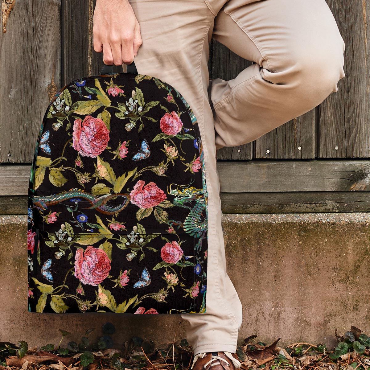 Janpanese Floral Dragon Print Backpack-grizzshop