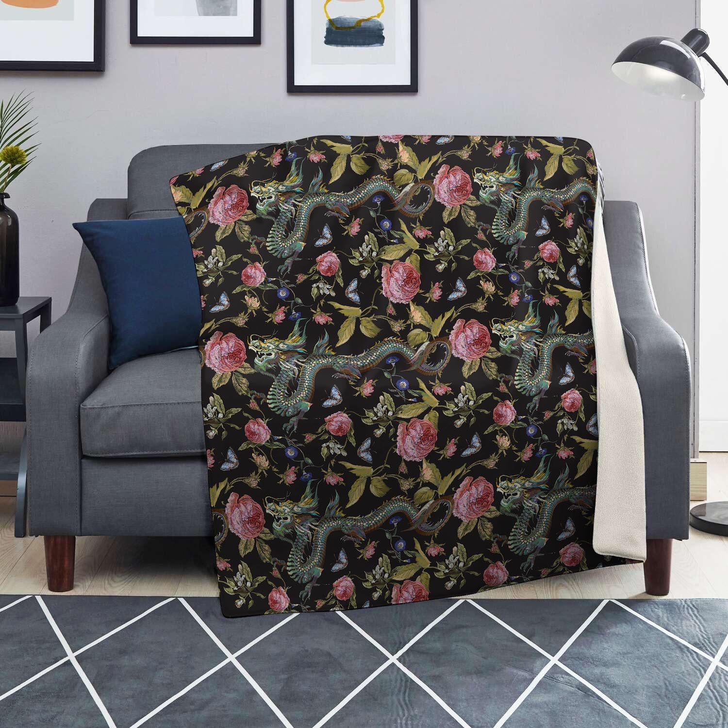 Janpanese Floral Dragon Print Blanket-grizzshop