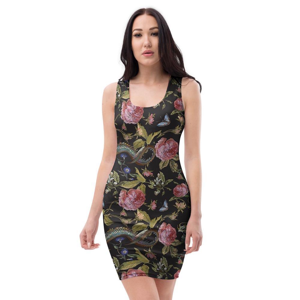 Janpanese Floral Dragon Print Bodycon Dress-grizzshop