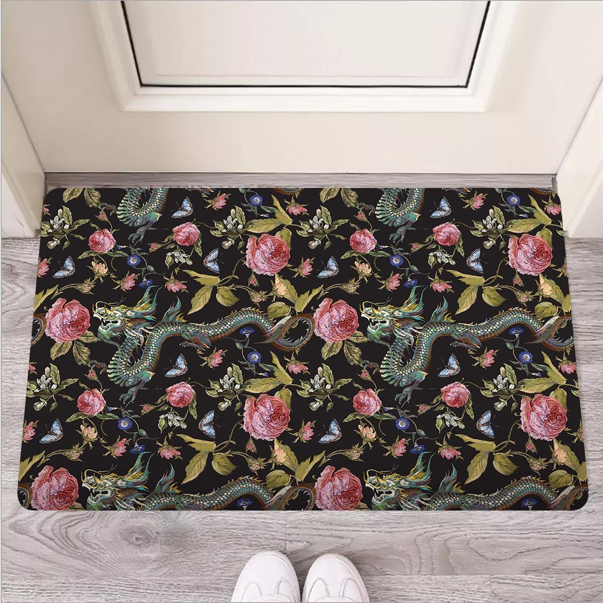 Janpanese Floral Dragon Print Door Mat-grizzshop