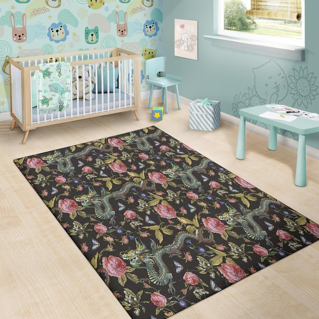 Janpanese Floral Dragon Print Floor Mat-grizzshop