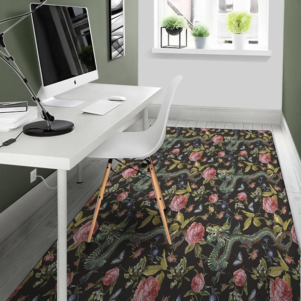 Janpanese Floral Dragon Print Floor Mat-grizzshop