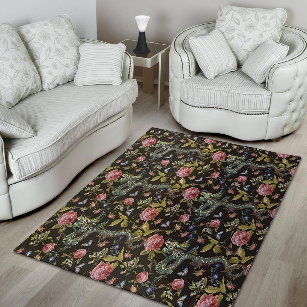 Janpanese Floral Dragon Print Floor Mat-grizzshop