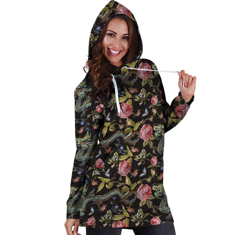 Janpanese Floral Dragon Print Hoodie Dress-grizzshop