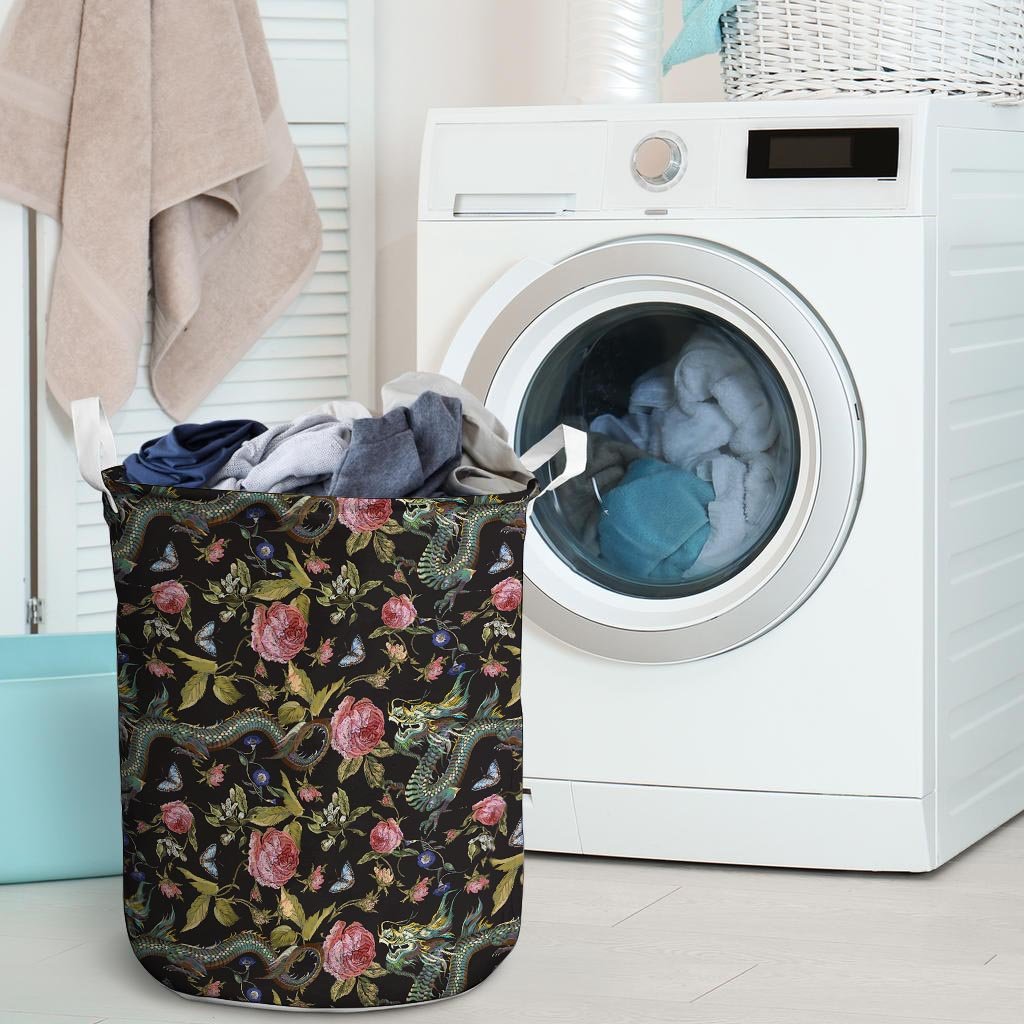 Janpanese Floral Dragon Print Laundry Basket-grizzshop