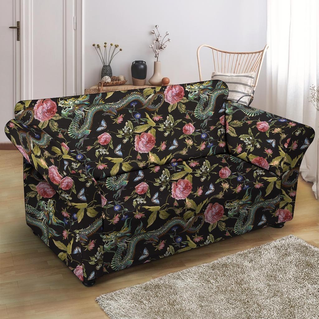 Janpanese Floral Dragon Print Loveseat Cover-grizzshop