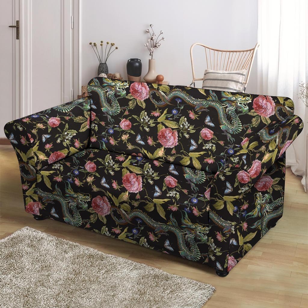 Janpanese Floral Dragon Print Loveseat Cover-grizzshop