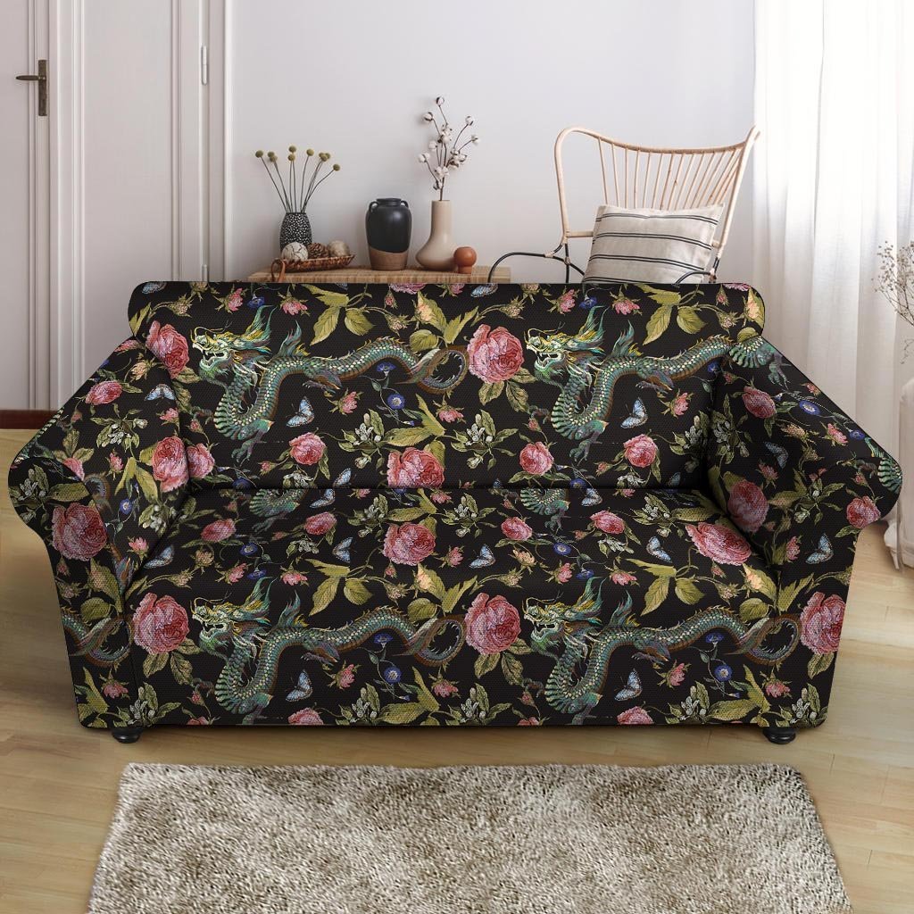 Janpanese Floral Dragon Print Loveseat Cover-grizzshop