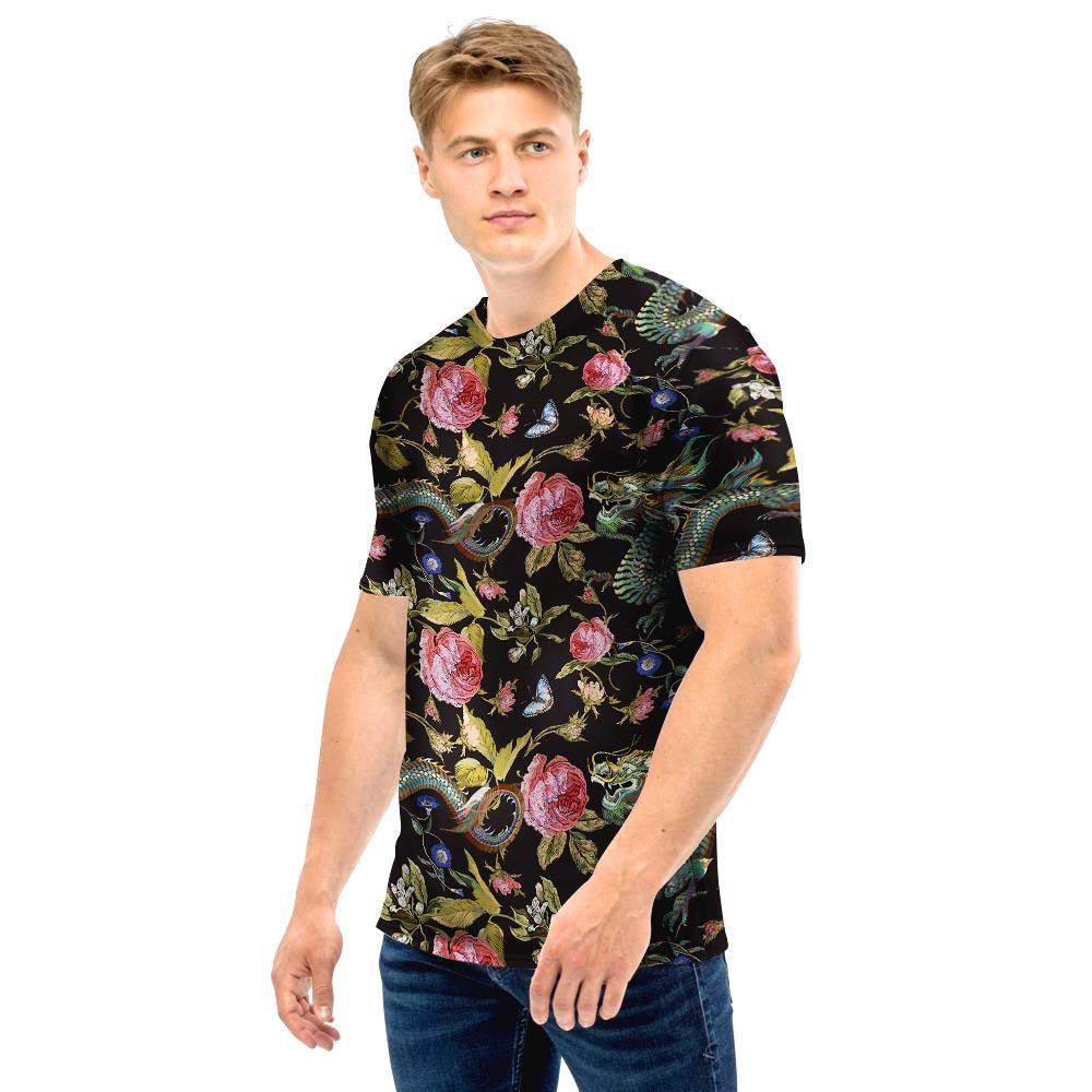 Janpanese Floral Dragon Print Men T Shirt-grizzshop