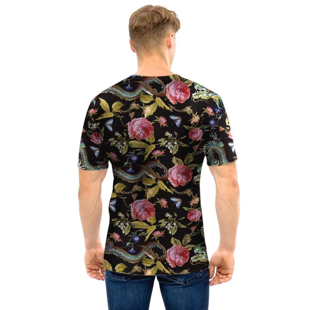 Janpanese Floral Dragon Print Men T Shirt-grizzshop