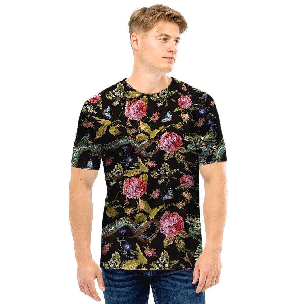 Janpanese Floral Dragon Print Men T Shirt-grizzshop