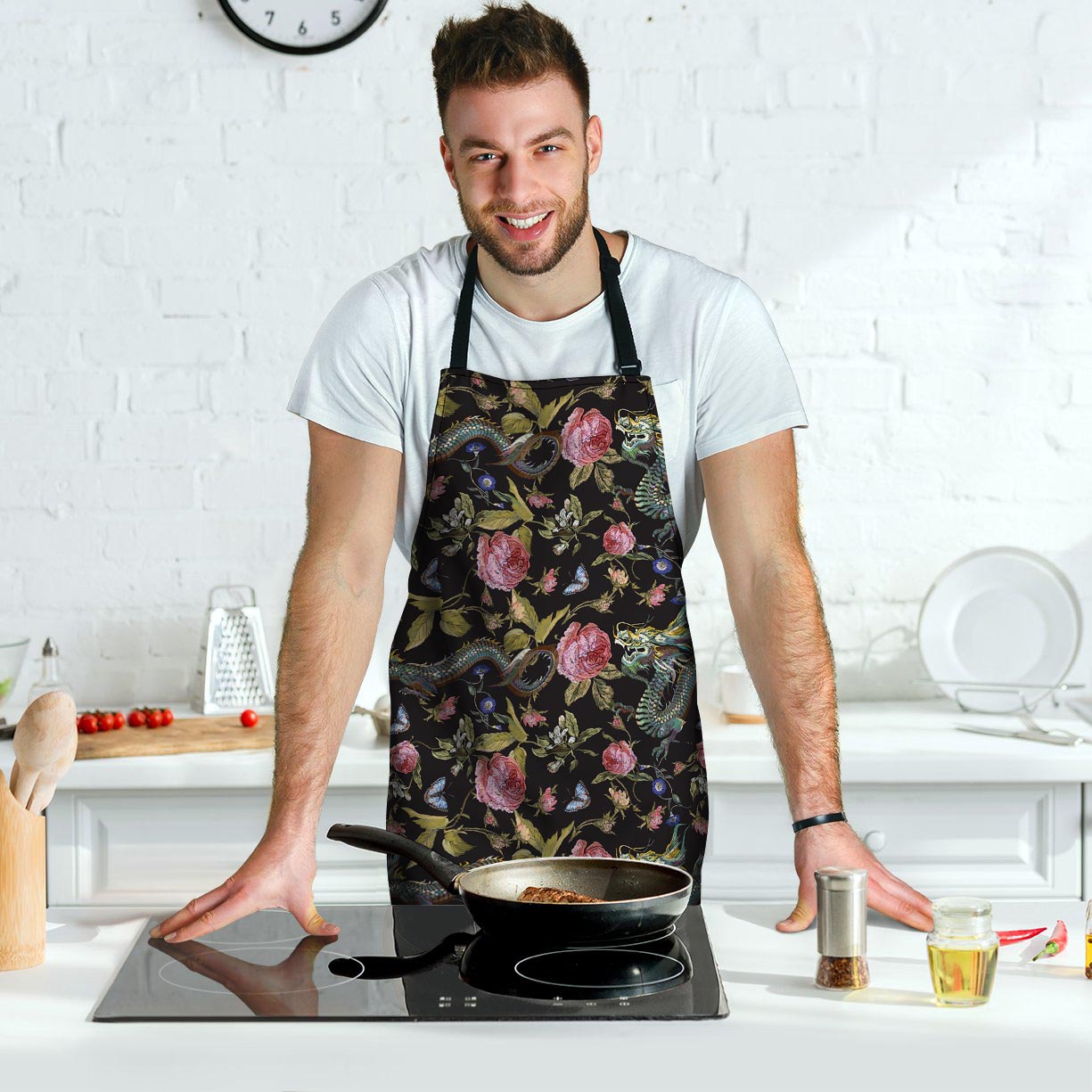 Janpanese Floral Dragon Print Men's Apron-grizzshop