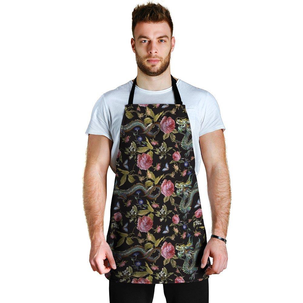 Janpanese Floral Dragon Print Men's Apron-grizzshop