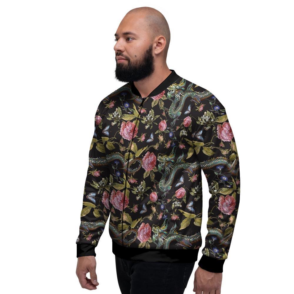 Janpanese Floral Dragon Print Men's Bomber Jacket-grizzshop