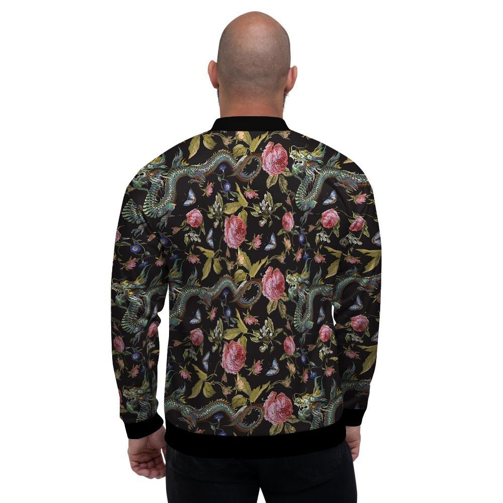 Janpanese Floral Dragon Print Men's Bomber Jacket-grizzshop