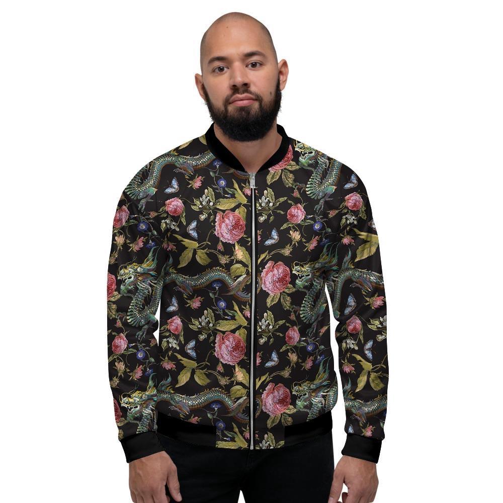 Janpanese Floral Dragon Print Men's Bomber Jacket-grizzshop