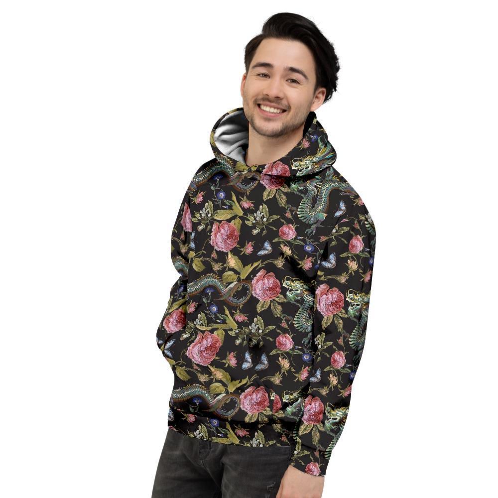 Janpanese Floral Dragon Print Men's Hoodie-grizzshop