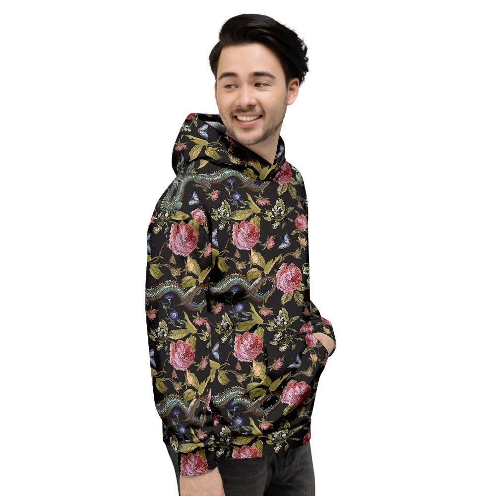 Janpanese Floral Dragon Print Men's Hoodie-grizzshop