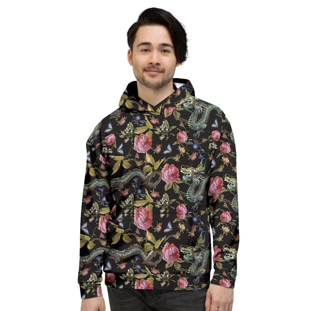 Janpanese Floral Dragon Print Men's Hoodie-grizzshop