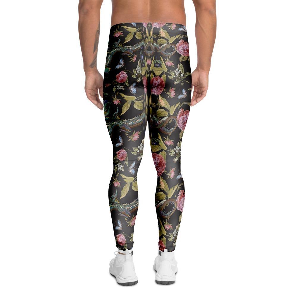 Janpanese Floral Dragon Print Men's Leggings-grizzshop