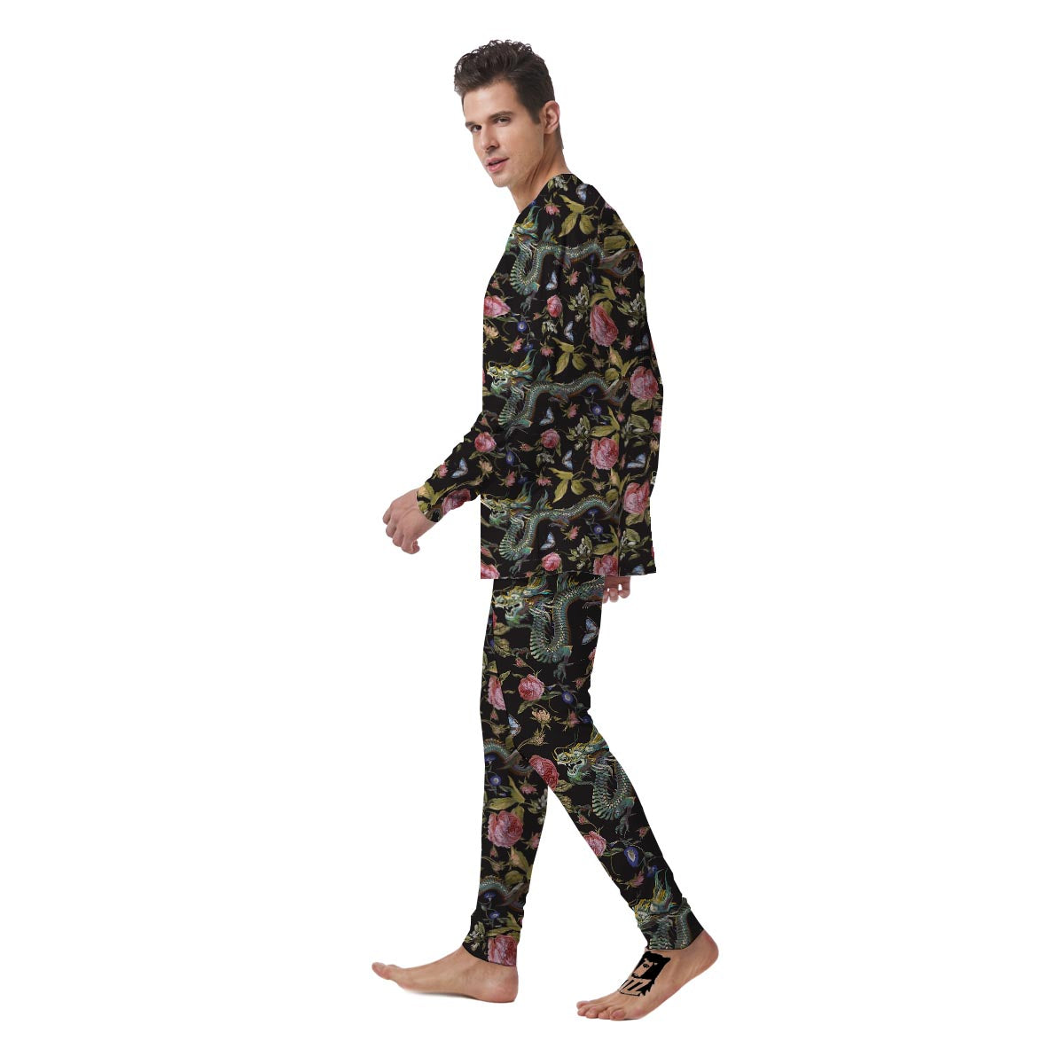 Janpanese Floral Dragon Print Men's Pajamas-grizzshop