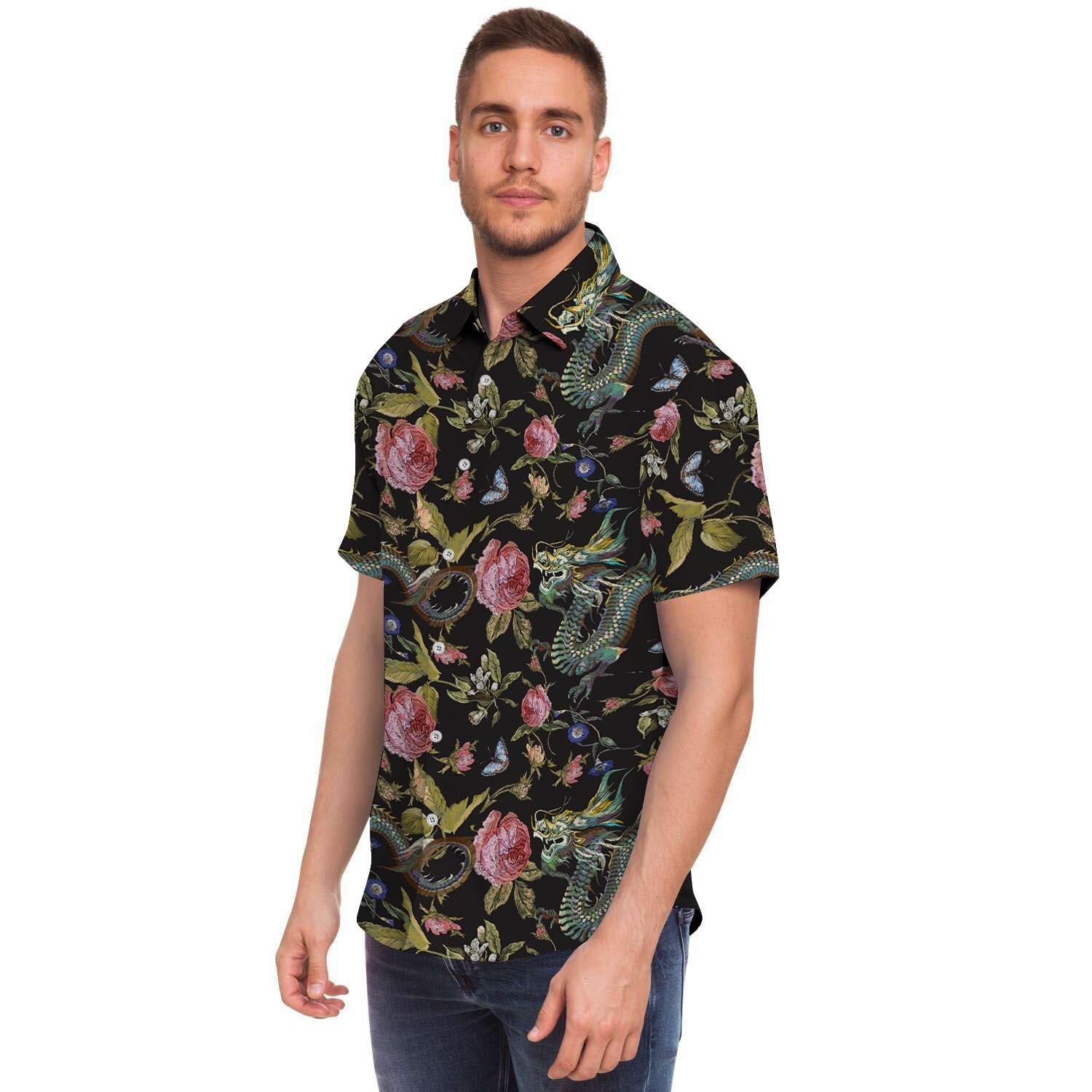 Janpanese Floral Dragon Print Men's Short Sleeve Shirt-grizzshop